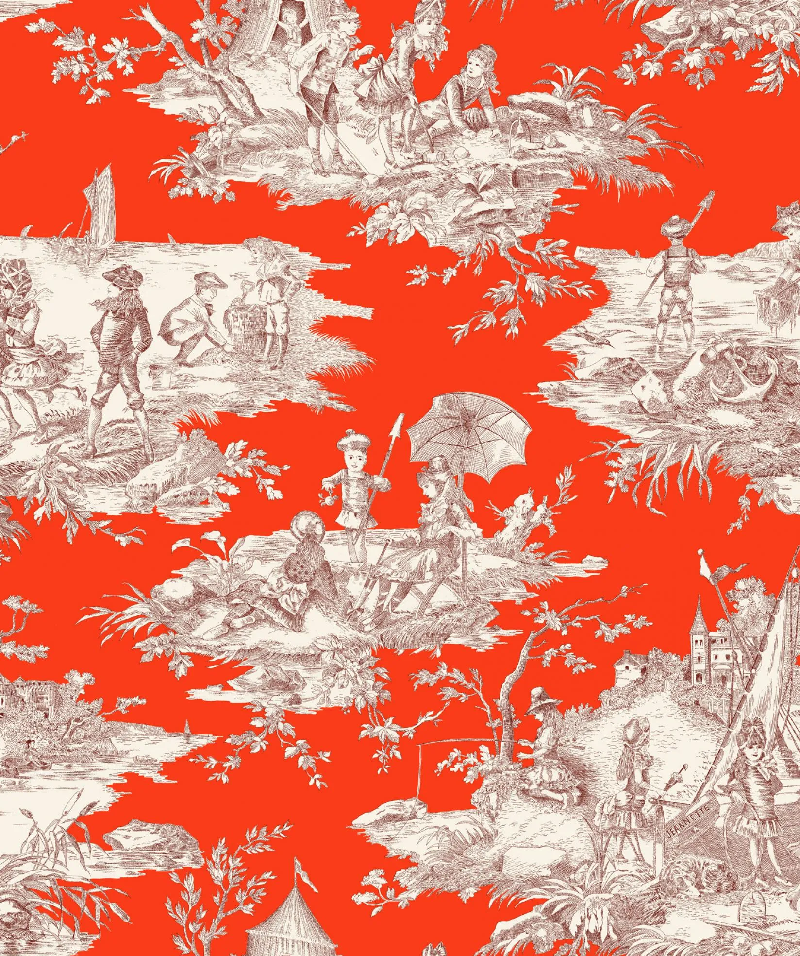 Ткань Thevenon Toiles Jouy 1062637_histoire_deau_bordeaux_fond_corail_ld