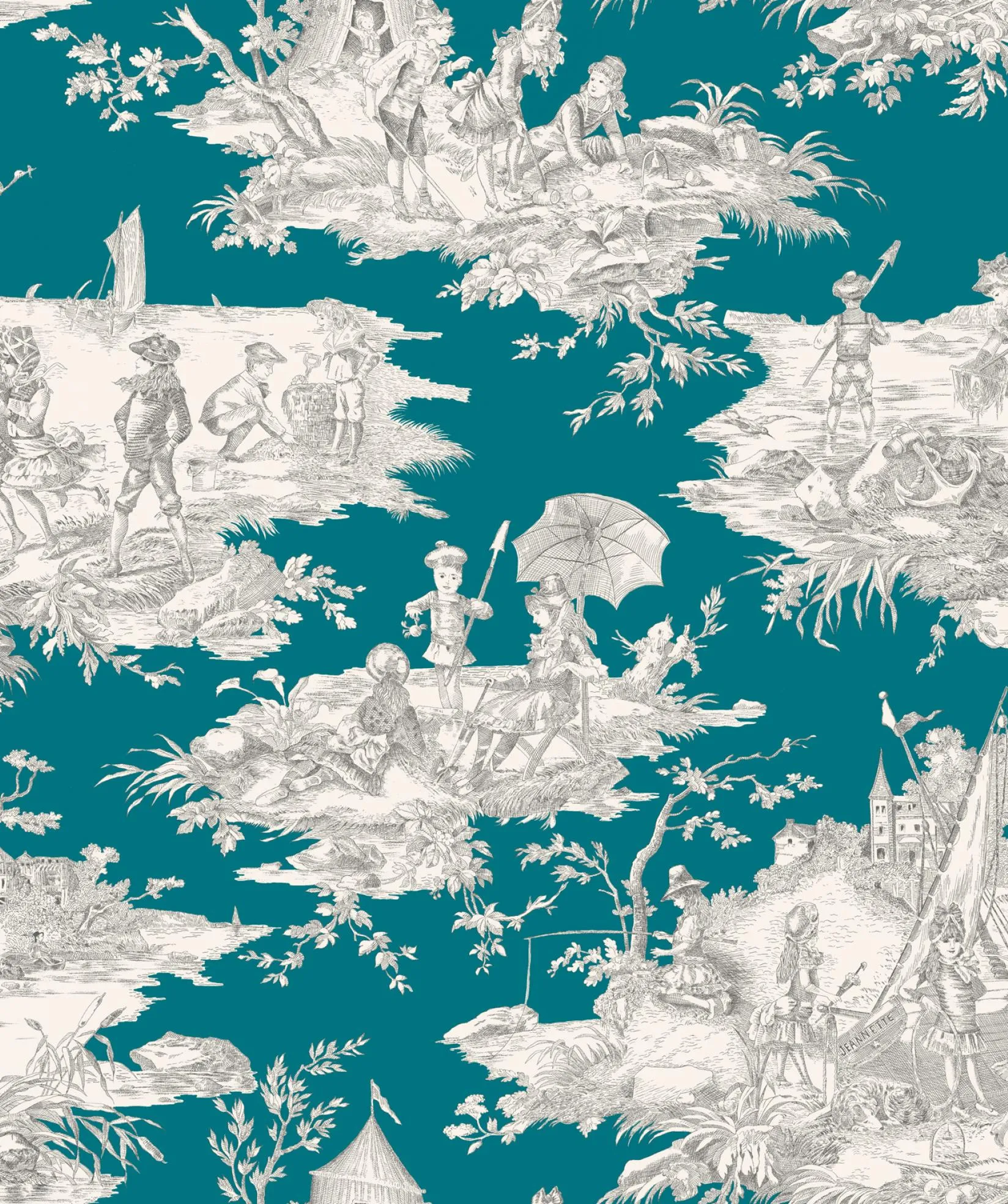 Ткань Thevenon Toiles Jouy 1062638_histoire_deau_gris_fond_bleu_canard_ld